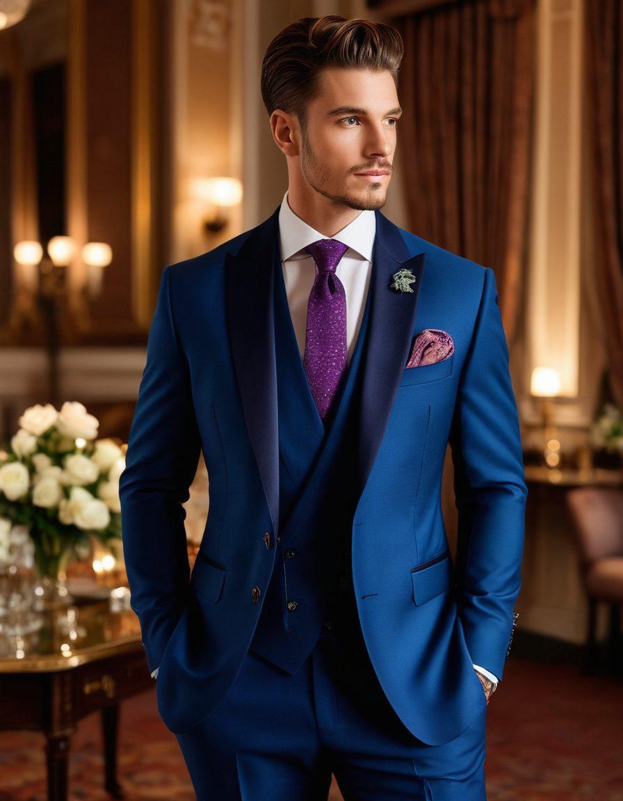 A stylish groom in a tailored suit standing confidently next to a beautifully arranged collection of evening attire, with a backdrop of an elegant wedding venue. The scene should exude sophistication with hints of luxury fabrics and accessories like ties and cufflinks spread artistically around. Soft, warm lighting enhances the inviting atmosphere. Capture a sense of timeless fashion and elegance. super-realistic. vibrant colors. elegant setting.