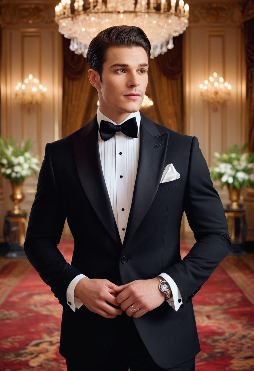 A sophisticated, elegantly dressed man in a perfectly tailored tuxedo, showcasing various styles: classic black, modern white, and quirky patterned options. The background features a lavish ballroom setting with sparkling chandeliers and soft ambient lighting, conveying a sense of celebration and glamour. Include fashion accessories like cufflinks and a bow tie, emphasizing attention to detail. super-realistic. vibrant colors. luxurious atmosphere.