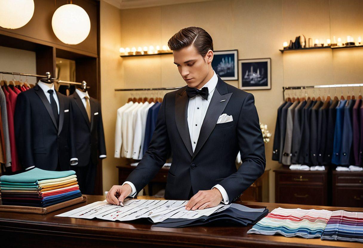 A stylishly dressed man in a perfectly tailored tuxedo, surrounded by various fabric swatches and measuring tools in a well-lit, chic tailor shop. The scene captures the essence of elegance and precision, with a tailor adjusting the fit of the tuxedo on the man, showcasing intricate details like lapel choices and button styles. Soft, warm lighting enhances the luxurious ambiance. super-realistic. vibrant colors. 3D.